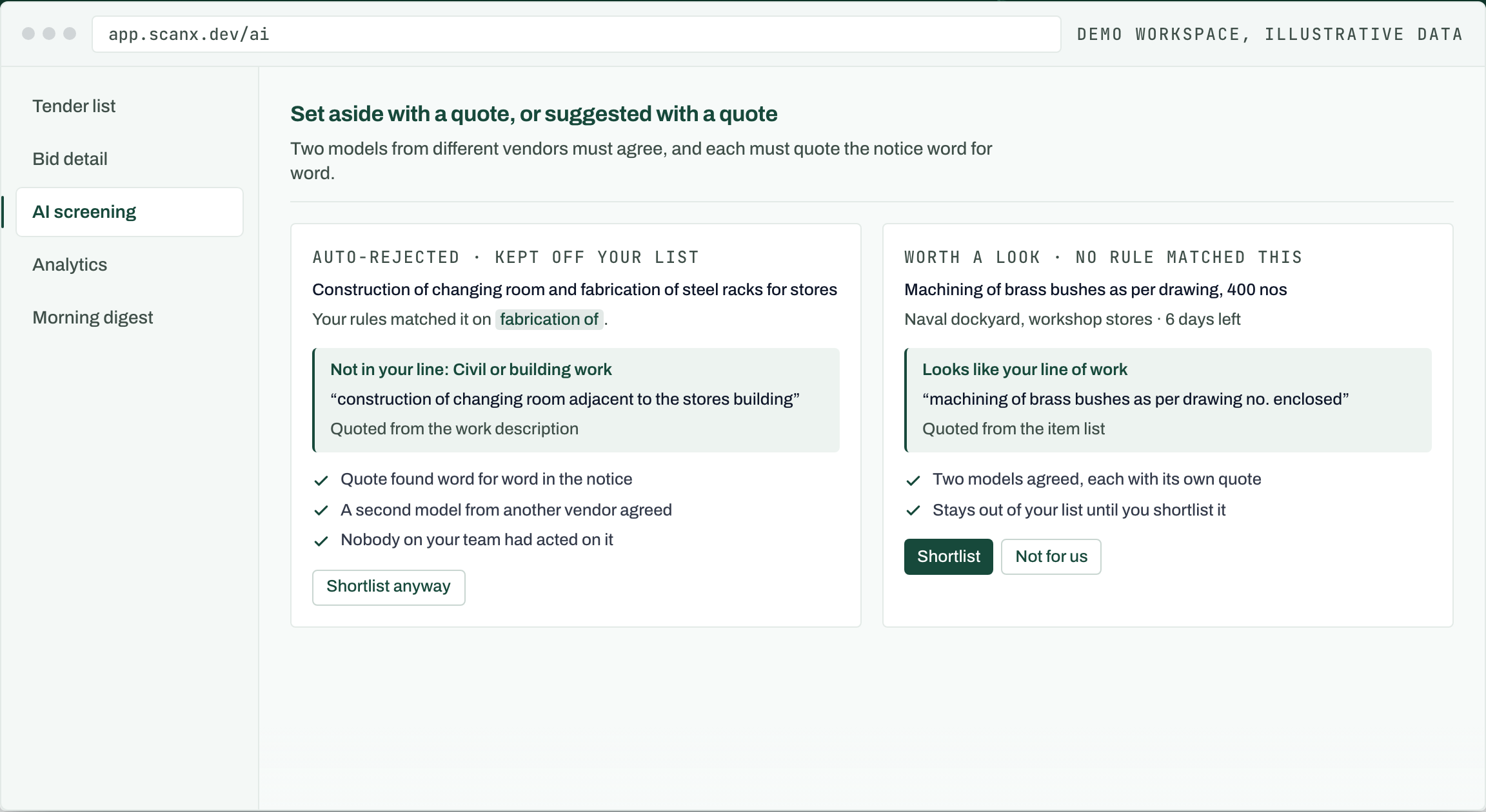 AI screening: one tender set aside with a quoted reason, another suggested with a quote