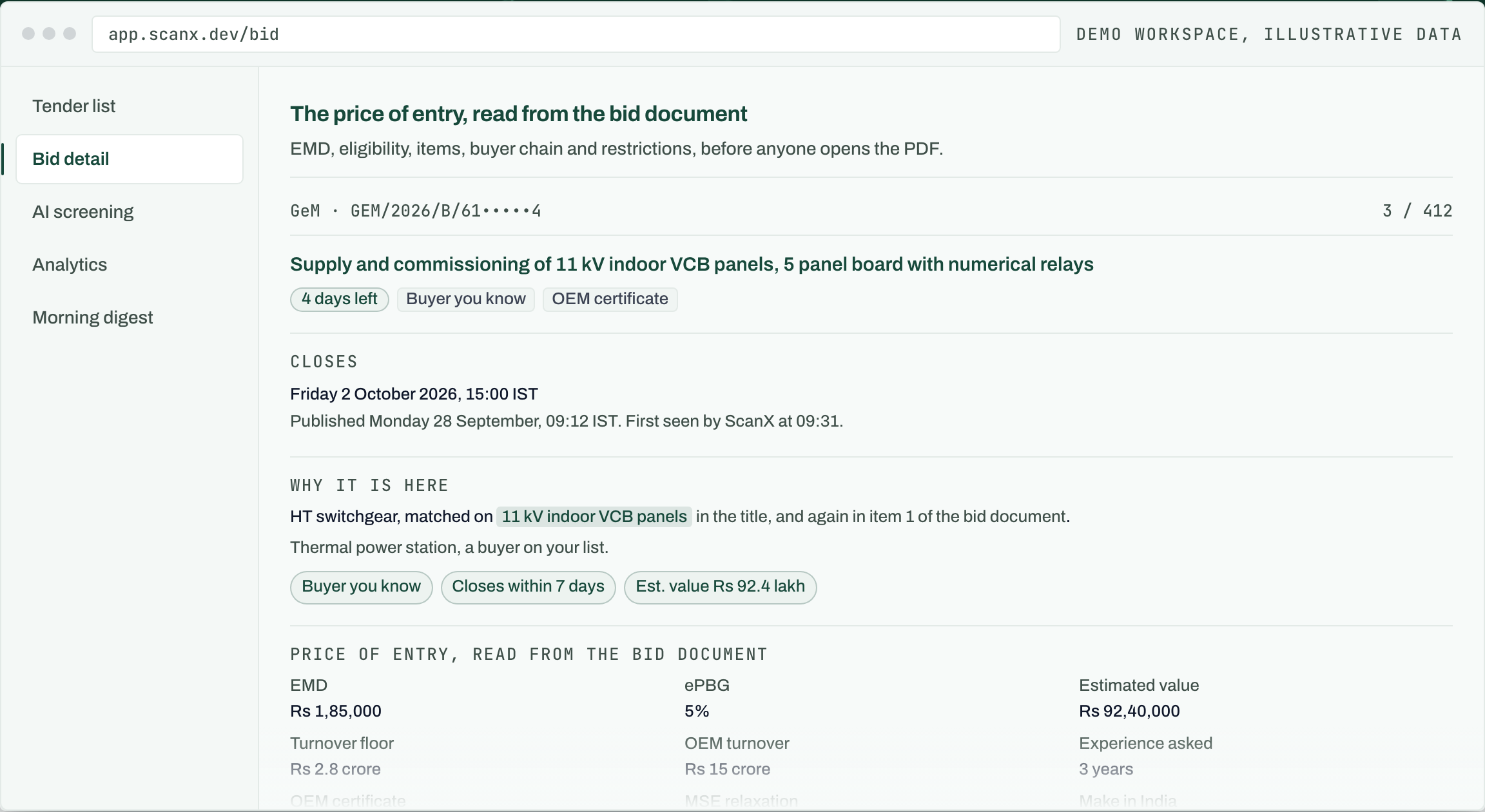 The bid detail view: closing date, why the tender matched, and the price of entry read from the bid document